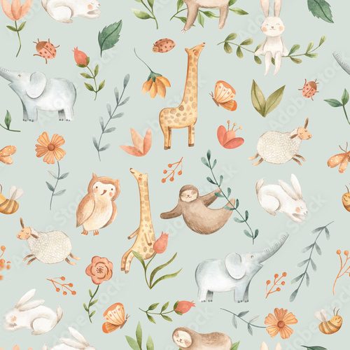 Watercolor baby animals for nursery  seamless pattern illustration green 