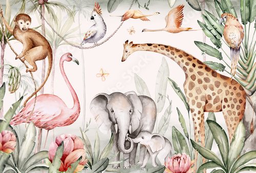 Watercolor illustration of African Animals: elephant and monkey, cockatoo, wild parrot and giraffe, flamingo isolated white background. Safari savannah animals.