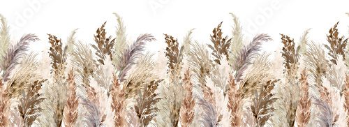 Watercolor pampas grass seamless border. Repeatable boho dried grass and leaves neutral colors bouquet. Botanical nature design isolated on white. Bohemian style wedding invitation, greeting, card