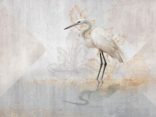 White heron on on a light background with rose golden elements. Illustration for wallpaper, poster, card, decoration.