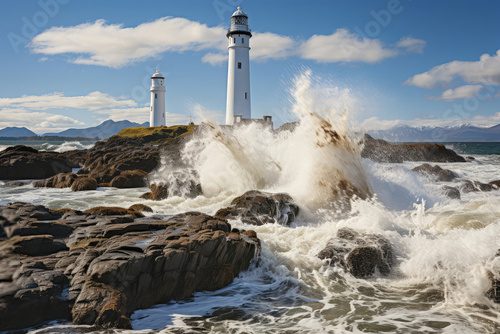 A dramatic coastline with towering cliffs, crashing waves, and a picturesque lighthouse standing proudly amidst the rugged beauty, capturing the essence of coastal grandeur