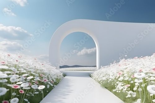 White natural beauty podium backdrop with spring flower field and arc. 3d style. Generative Ai.