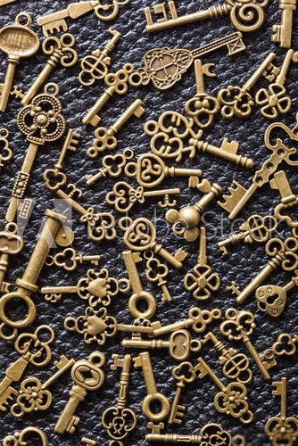 steampunk old vintage metal keys background on leather
