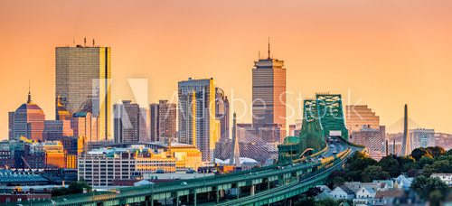 Tobin bridge, Zakim bridge and Boston skyline panorama at sunset.