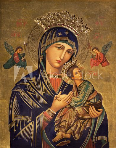 ZARAGOZA, SPAIN - MARCH 1, 2018:  The painting icon of Madonna in church Iglesia del Perpetuo Socorro by pater Jesus Faus (1953 - 1959).