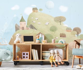 pastelowe wzgorza i owieczki w bajkowym swiecie fototapety do pokoju dziecka fototapety demural