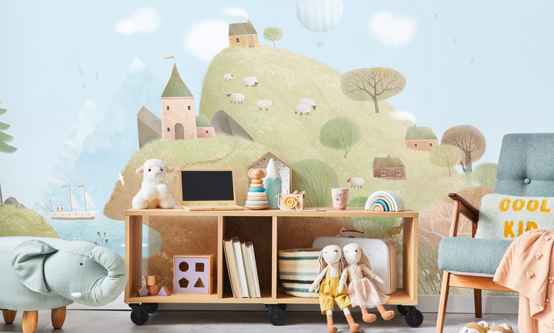 pastelowe wzgorza i owieczki w bajkowym swiecie fototapety do pokoju dziecka fototapety demural