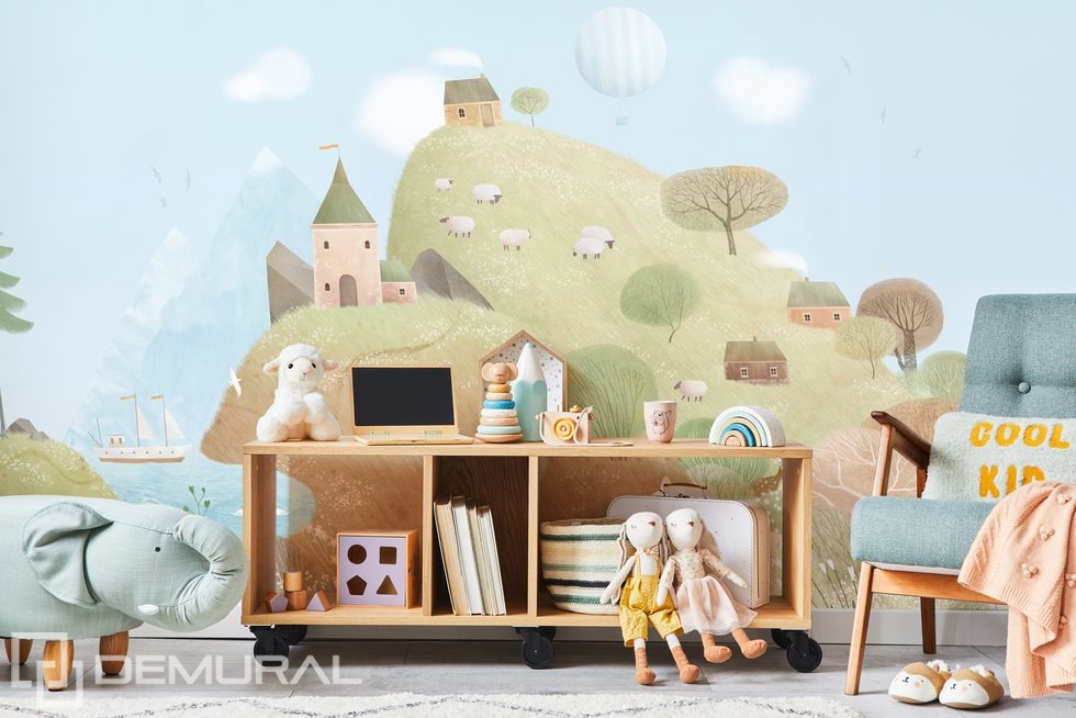 Pastelowe wzgórza i owieczki w bajkowym świecie Fototapety do pokoju dziecka Fototapety Demural