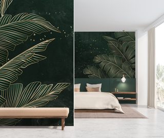 zlote liscie na szmaragdowym tle tropikow fototapety do sypialni fototapety demural