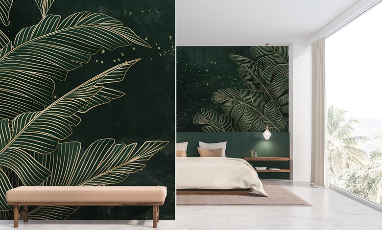 zlote liscie na szmaragdowym tle tropikow fototapety do sypialni fototapety demural