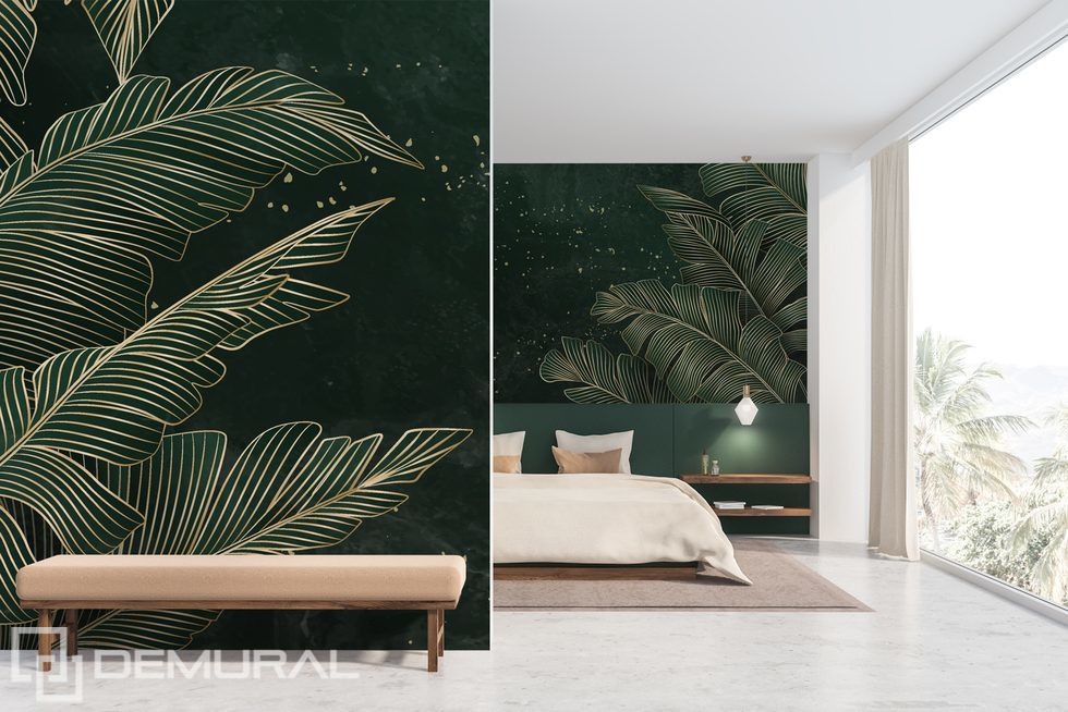 Złote liście na szmaragdowym tle tropików Fototapety do sypialni Fototapety Demural