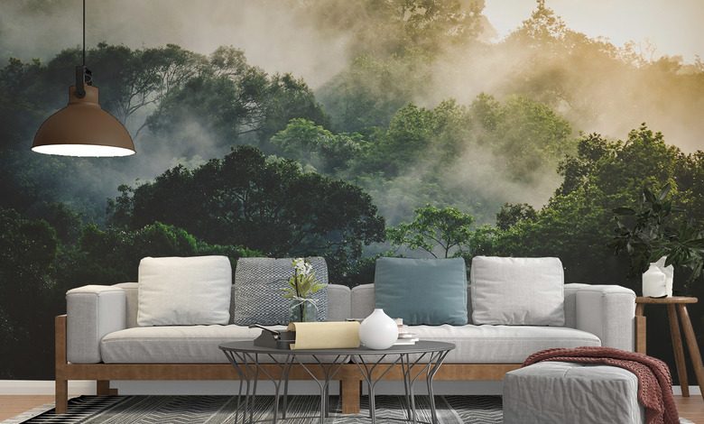 poranna mgla nad tropikalnym lasem fototapety do salonu fototapety demural