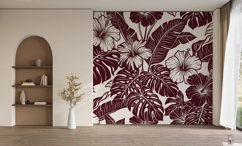 bordowe hibiskusy w tropikalnej kompozycji fototapety kwiaty fototapety demural