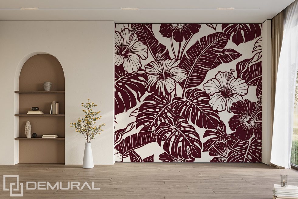 Bordowe hibiskusy w tropikalnej kompozycji Fototapety Kwiaty Fototapety Demural
