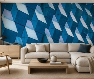 kontrastowa geometria przestrzennych paneli w intensywnych odcieniach blekitu fototapety architektura fototapety demural