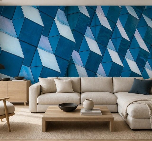 kontrastowa geometria przestrzennych paneli w intensywnych odcieniach blekitu fototapety architektura fototapety demural