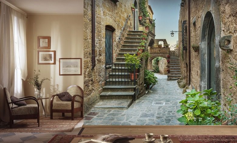 stojac na strazy kamienic fototapety uliczki fototapety demural